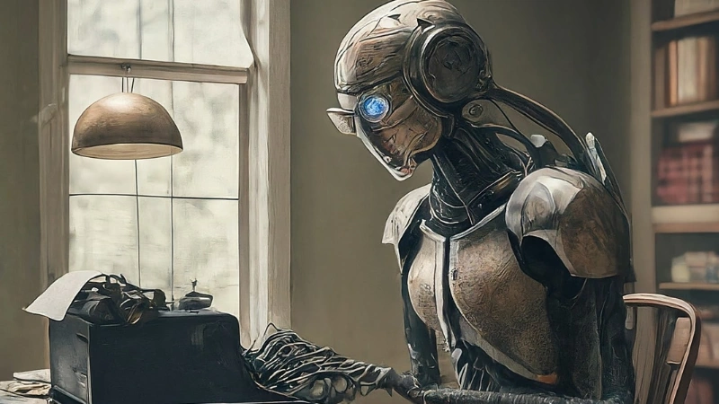 AI in Marketing - a robot at a typewriter